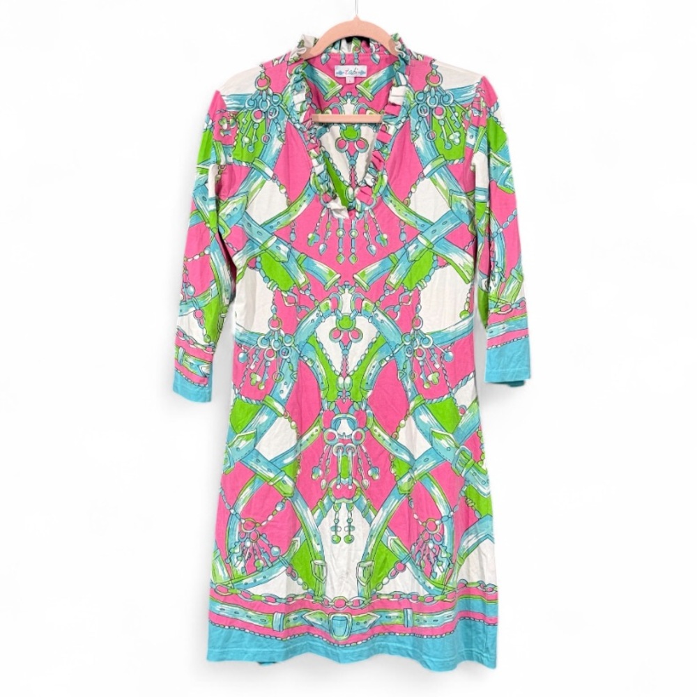 Tabi Women's Pink and Green‎ Patterned Dress Ruffled Collar Size Large